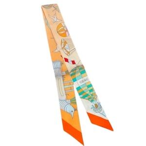 Orange and Blue 100% Silk Twilly Scarf with hot air balloons NWT